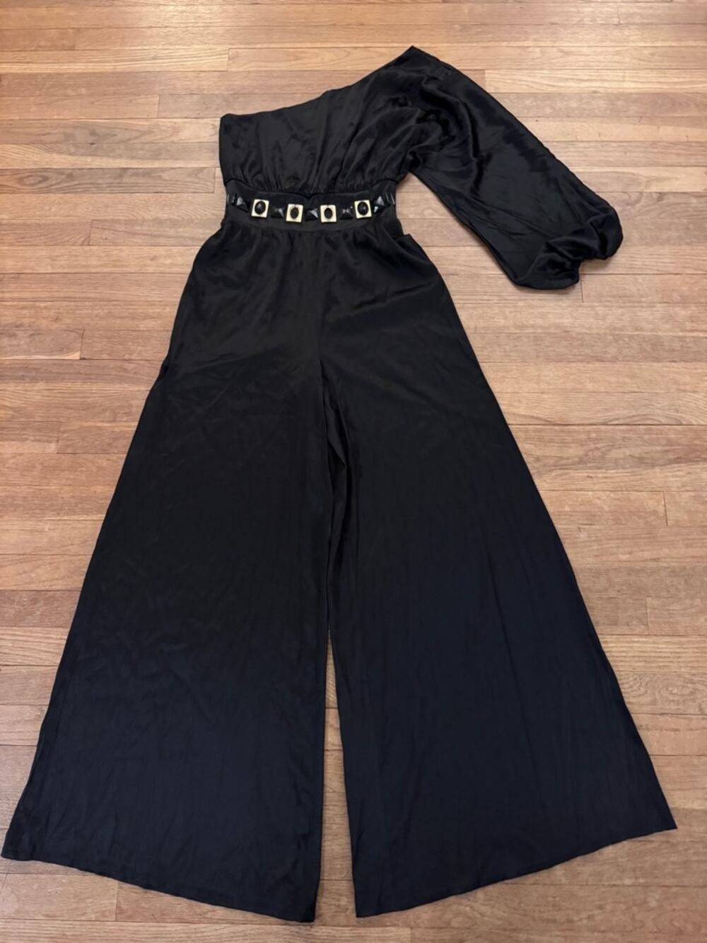 bebe Women's Black One Shoulder Wide Leg Silk Blend Jumpsuit - Size M
 b93